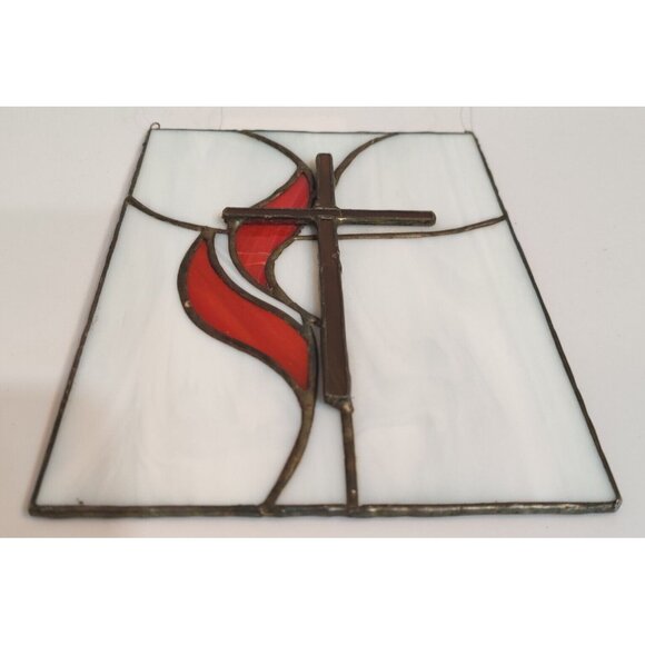 Cross And Flame Stained Glass Window Hanging Sun Catcher 8x6” - Picture 2 of 11